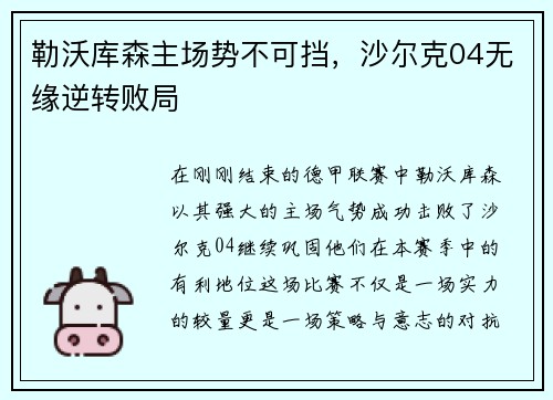 勒沃库森主场势不可挡，沙尔克04无缘逆转败局
