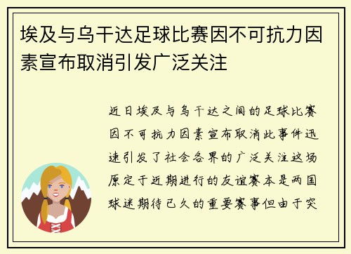 埃及与乌干达足球比赛因不可抗力因素宣布取消引发广泛关注